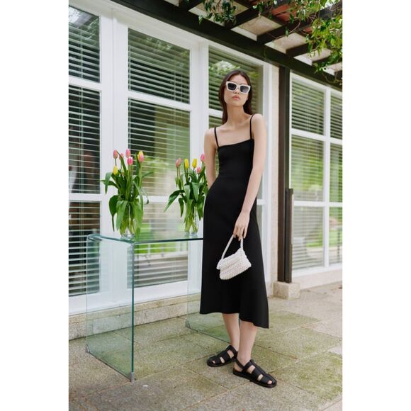 Black Zara Square-Neck Fit-and-Flare Spaghetti Strap Pullover Midi Dress (NWT) - Picture 5 of 9